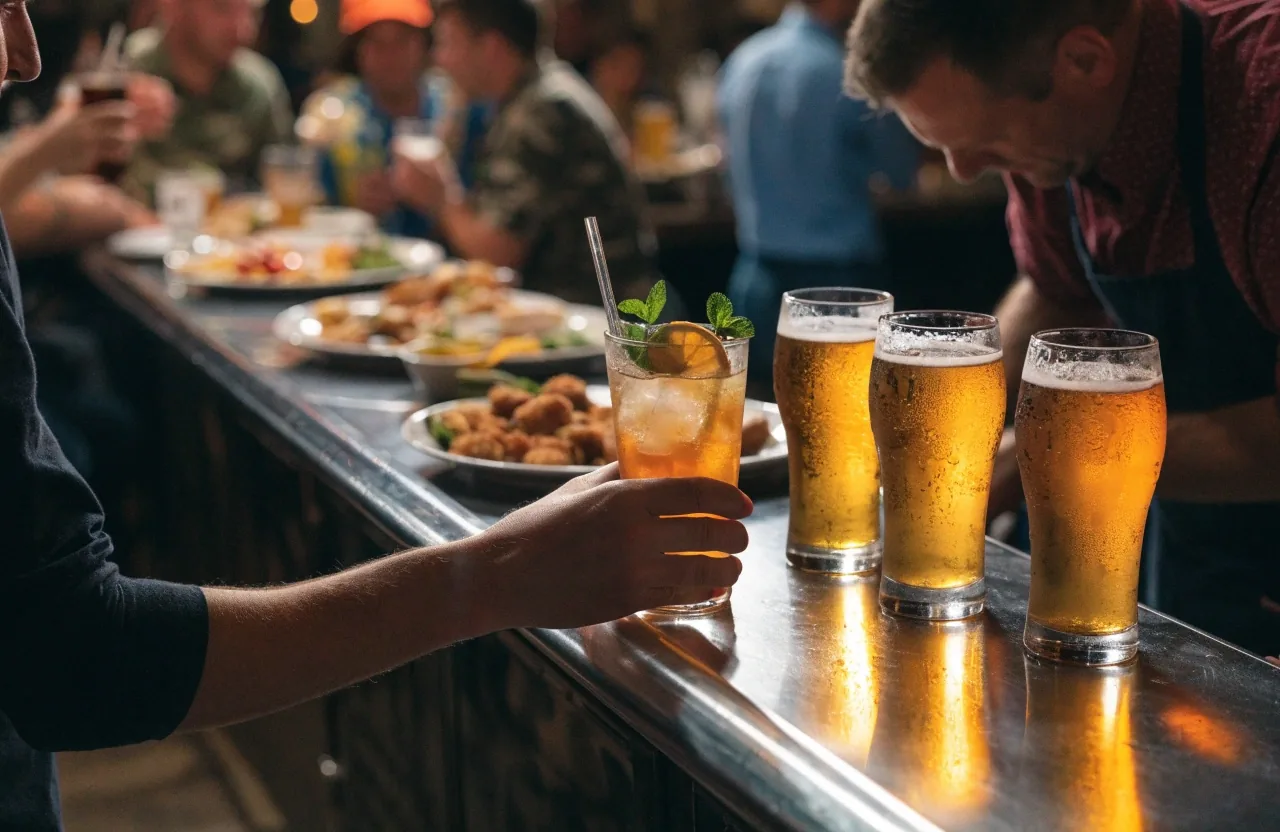 A full casual-dining bar counter during a weekend service hour, with drinks and plates along the rail