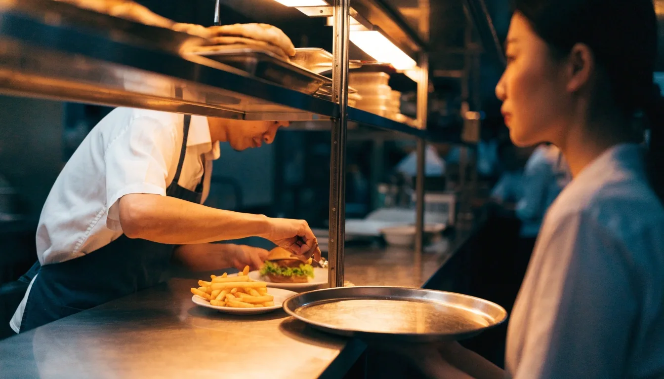 A restaurant kitchen pass during dinner service, with stacked plates warming under a heat lamp