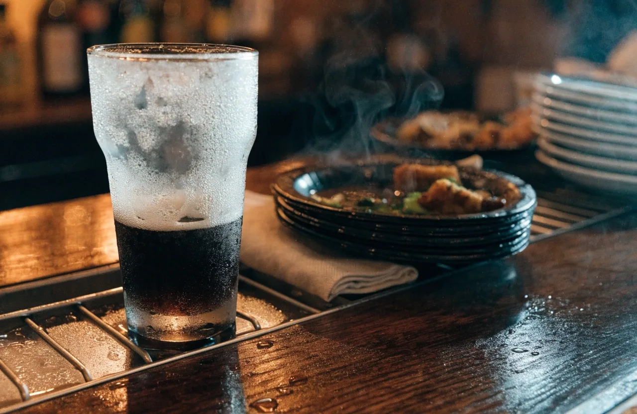 A frosted pint and a fresh plate of shareable appetizers on a busy bar top during service at a casual grill