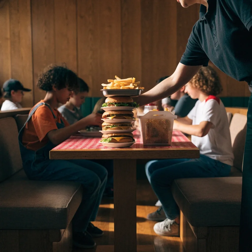 A family seated in a long upholstered booth at a burger restaurant, plates and fries spread across the table