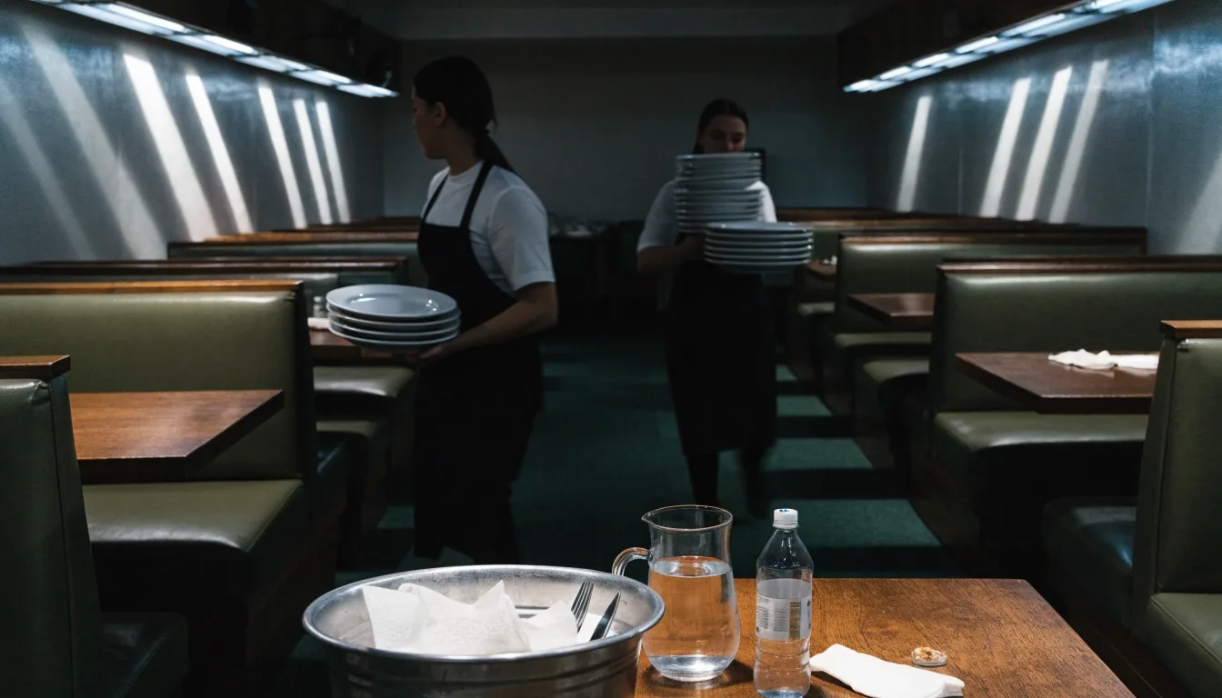 A casual-dining dining room at the end of lunch service, servers carrying plates between booths under cool overhead strip light