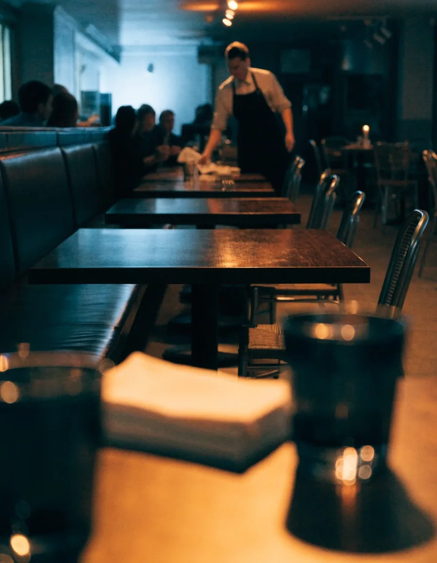 Folded bar napkins stacked with closed menu covers on a bare service counter in cool overhead light