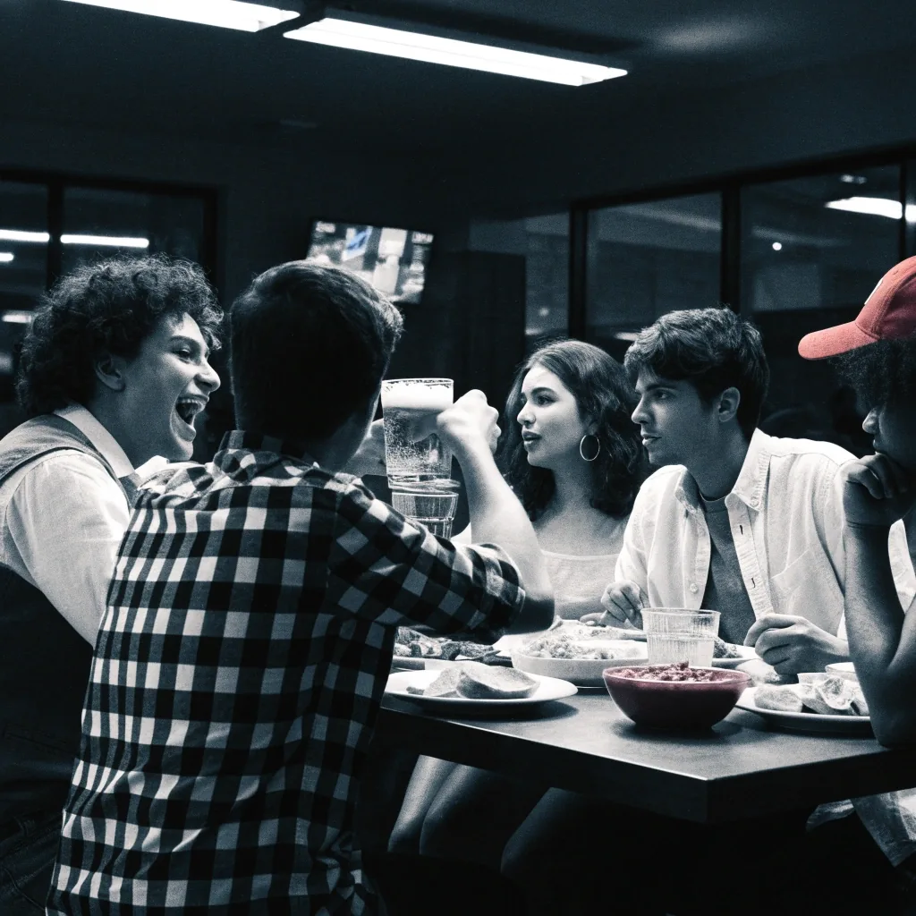 Friends at a high-top table sharing food and drinks during a game-day outing
