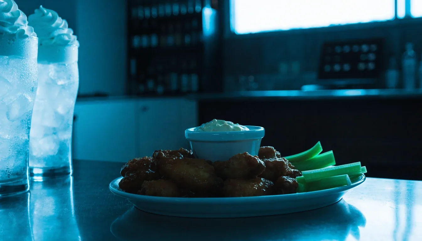 Order of wings with dip and two cold beers on a sports-bar counter
