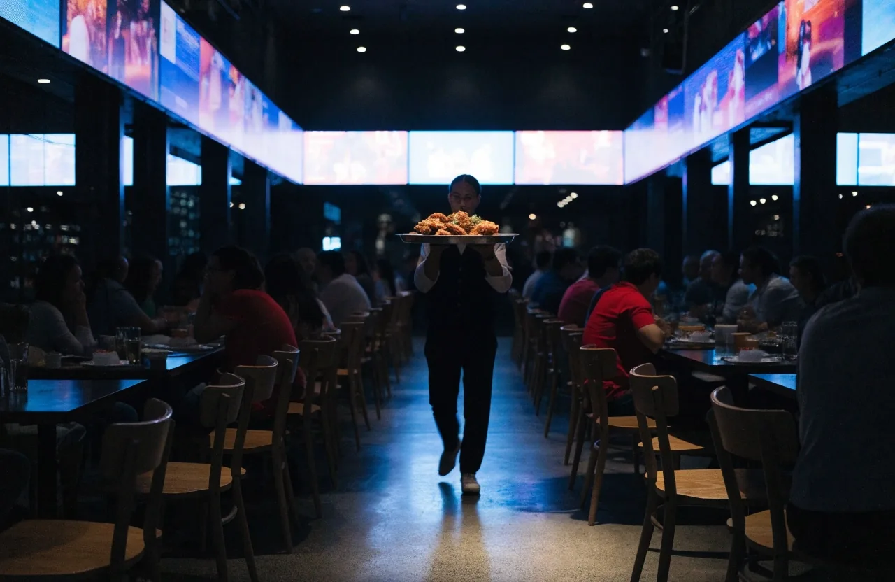 Sports bar dining room mid-service with soft glowing screens on the far wall