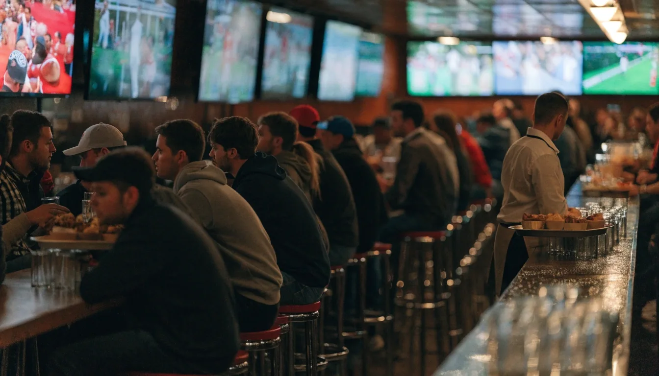 Sports bar during a game rush, guests on high-top stools facing glowing screens