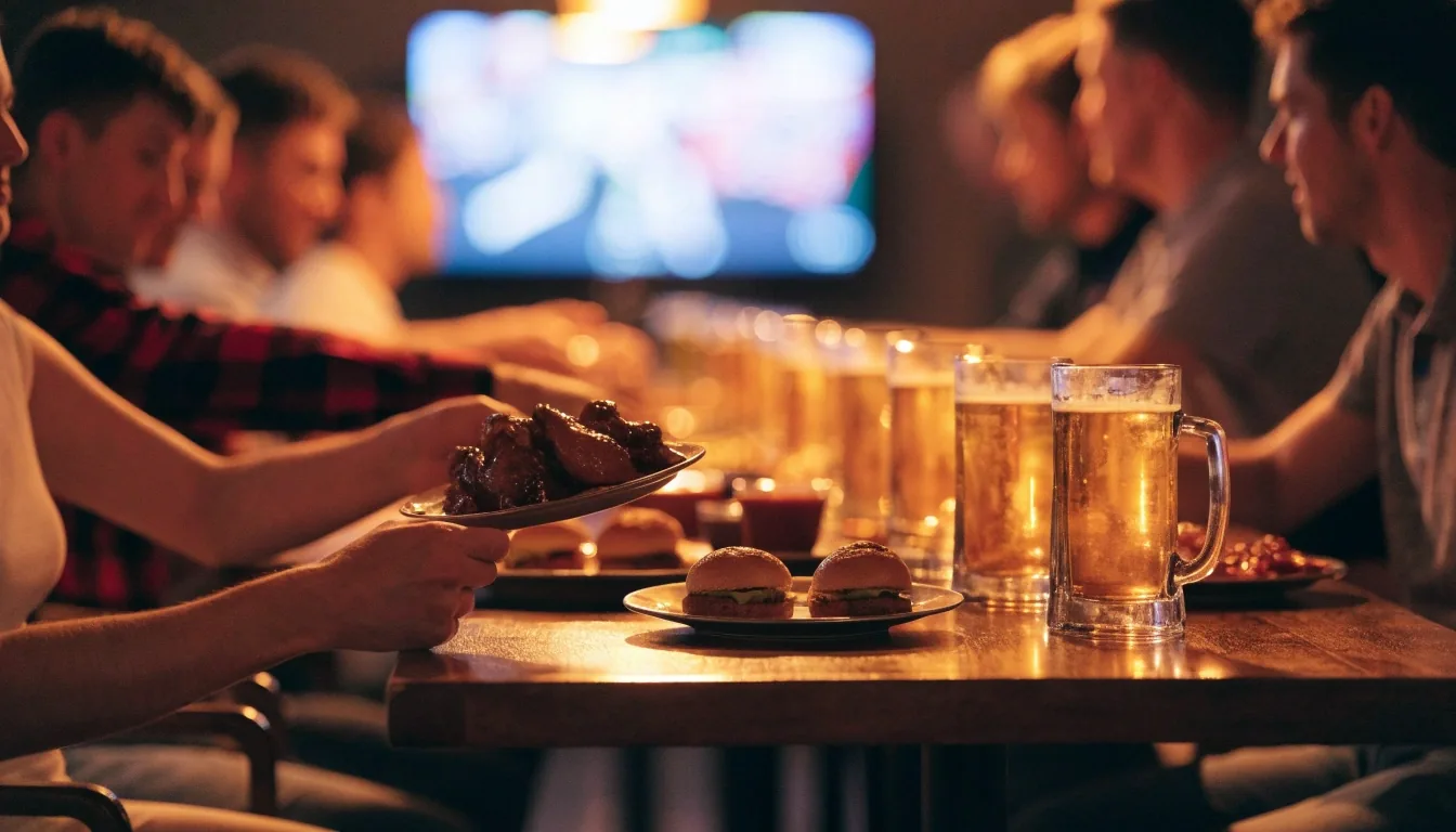 A group sharing plates and drinks at a long table inside a sports-bar grill