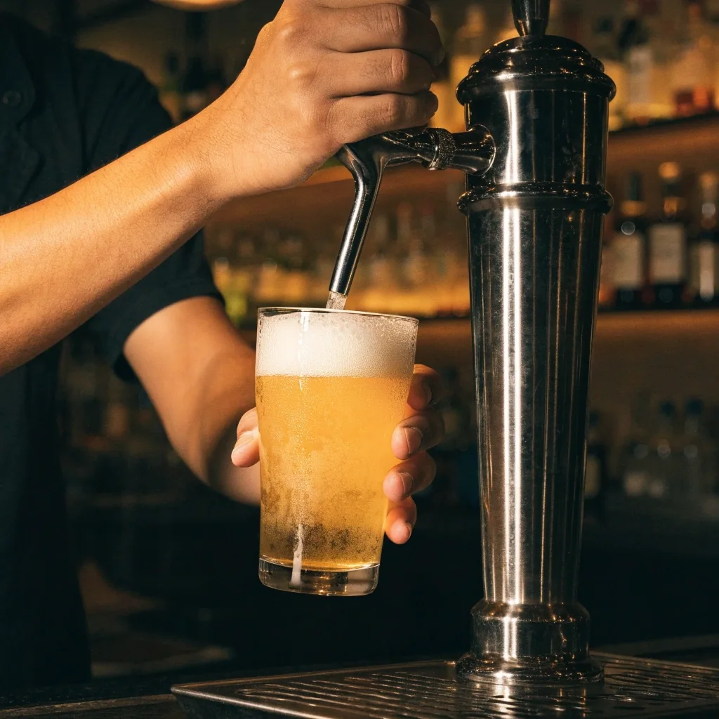 Backbar shelf and draft beer tap tower inside a full-service sports-bar grill