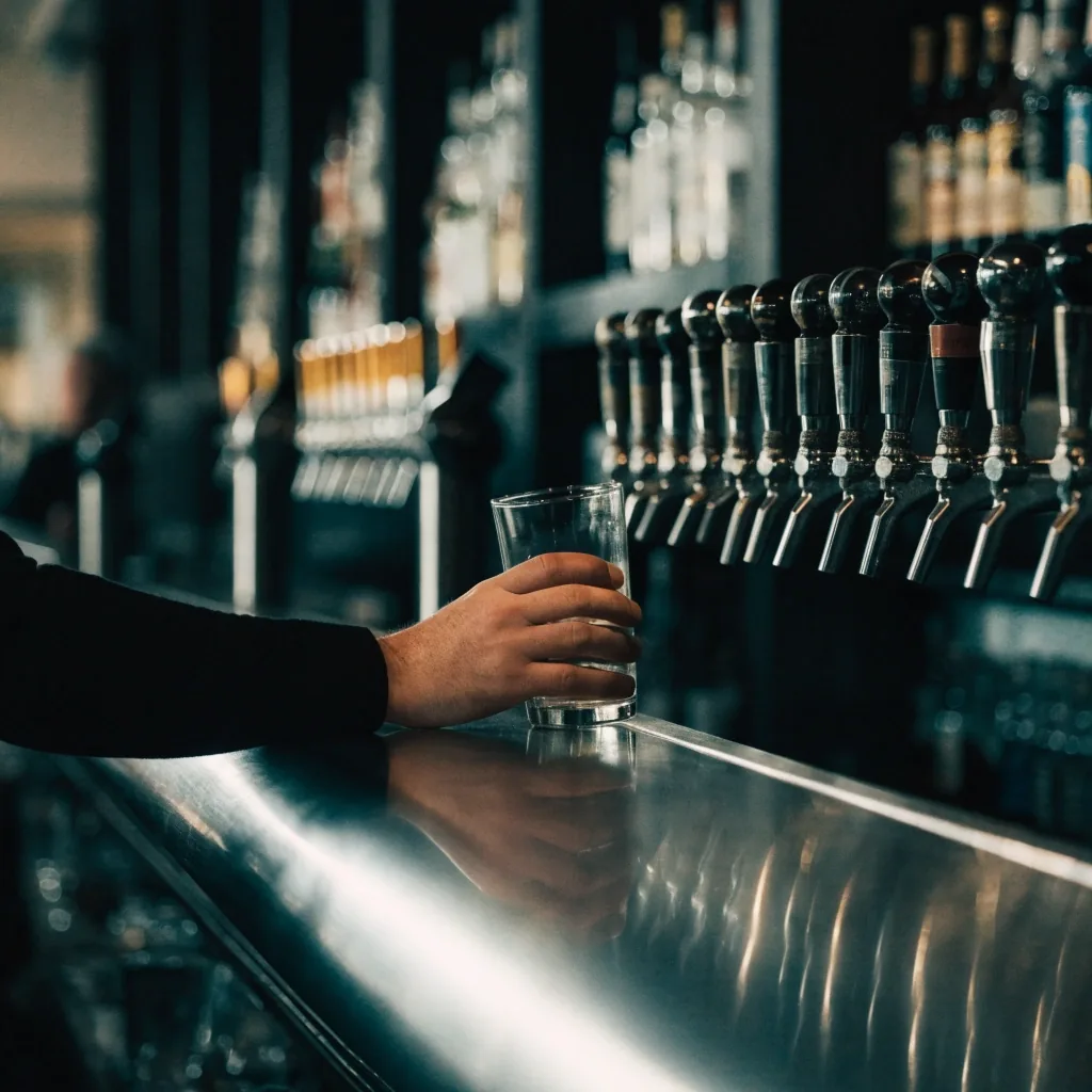 Bar counter and tap row inside a sports-bar grill during a quiet service hour
