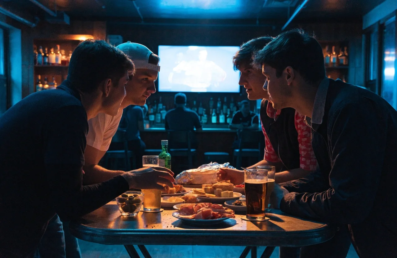 Friends sharing appetizers while a game plays on a large screen inside a sports-bar grill