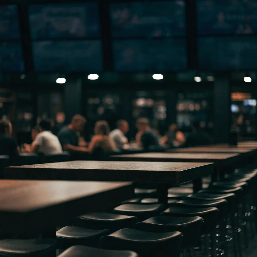 High-top tables with stools beneath softly glowing screens in a sports-bar grill