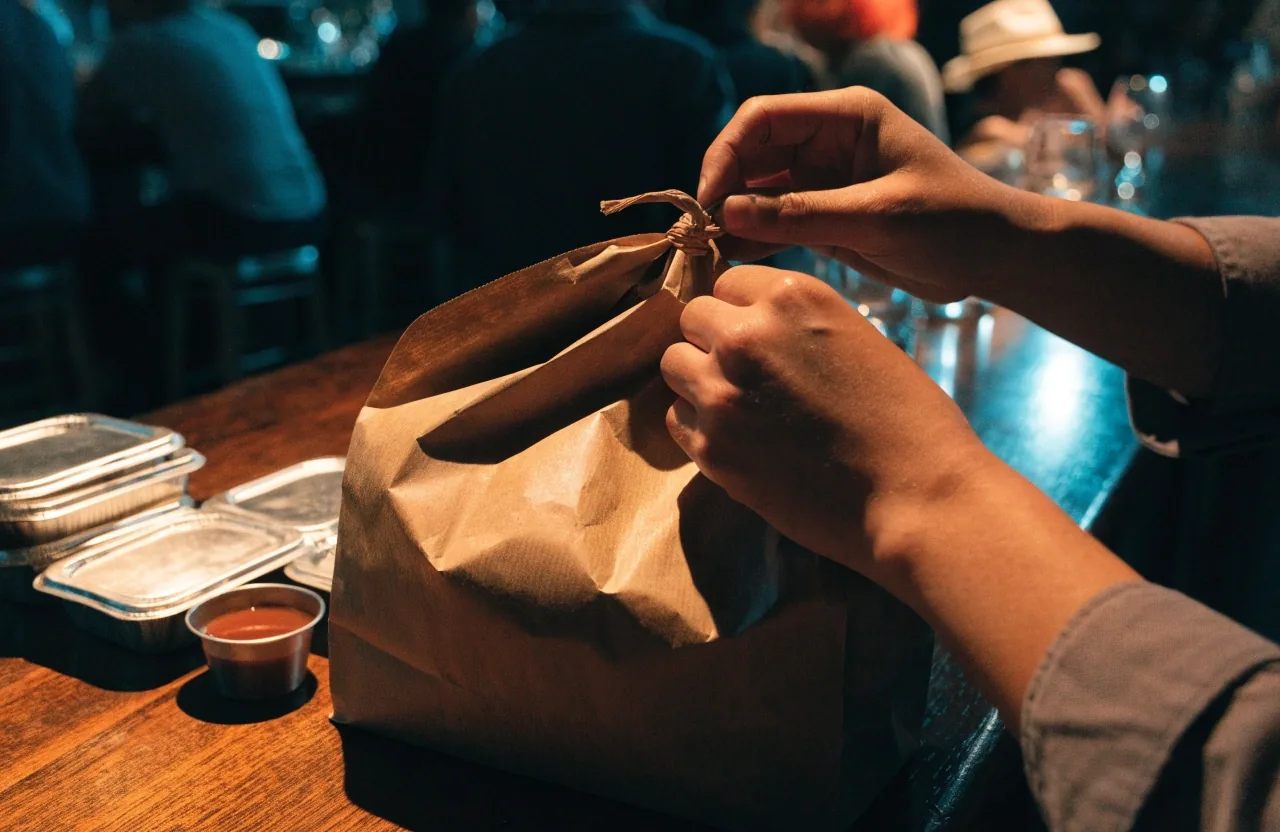Takeout bag and boxed appetizers on a bare counter under an overhead light