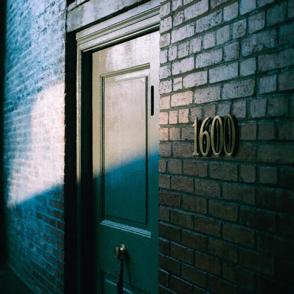 Closed olive-green office door in a Seattle brick building under cool daylight