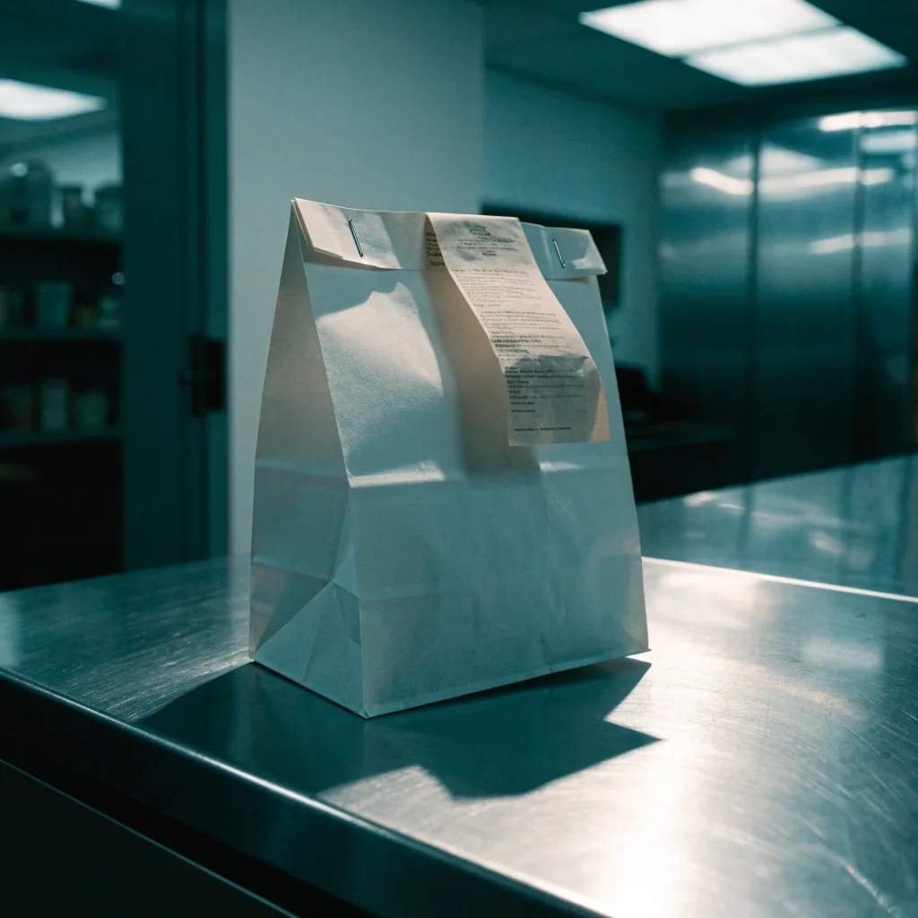 Closed take-out bag resting on a bare counter in a Seattle office under cool overhead light