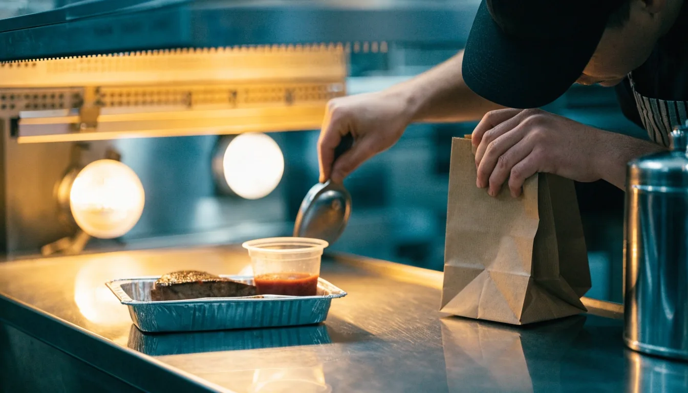 A closed takeout bag on a steel service counter, condensation pooling beneath it under overhead kitchen light