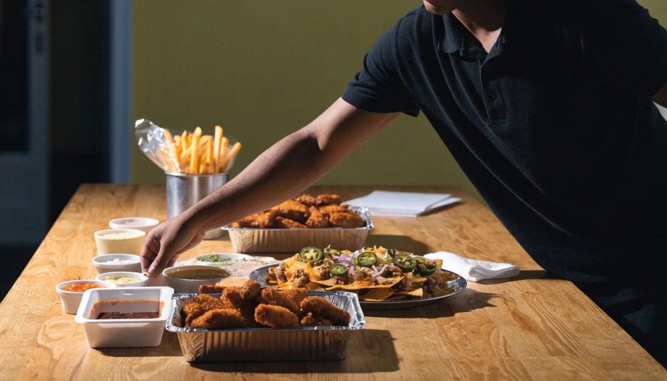 An overhead spread of shareable bar food arranged for a game-day table, sauces and plates in place