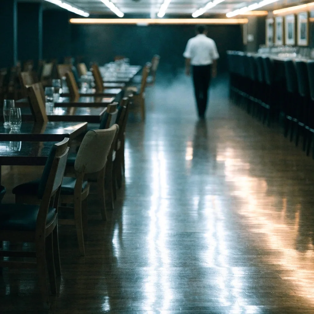 A sports-bar dining room at the end of service with chairs up and strip lights reflecting off the floor