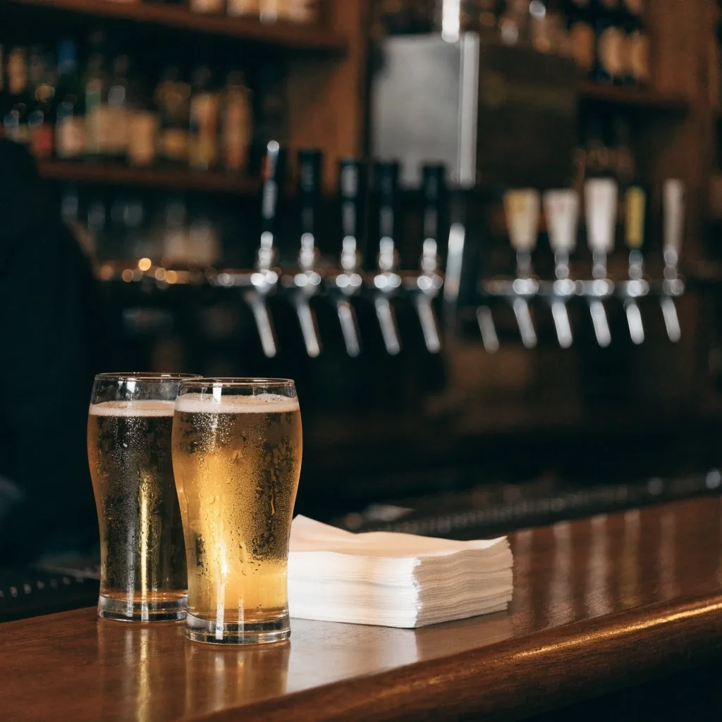 A casual-dining bar counter at service hour, lit from above, with pint glasses and folded napkins on the countertop